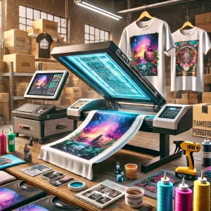 Taller con impresora imprimiendo sobre una camiseta
